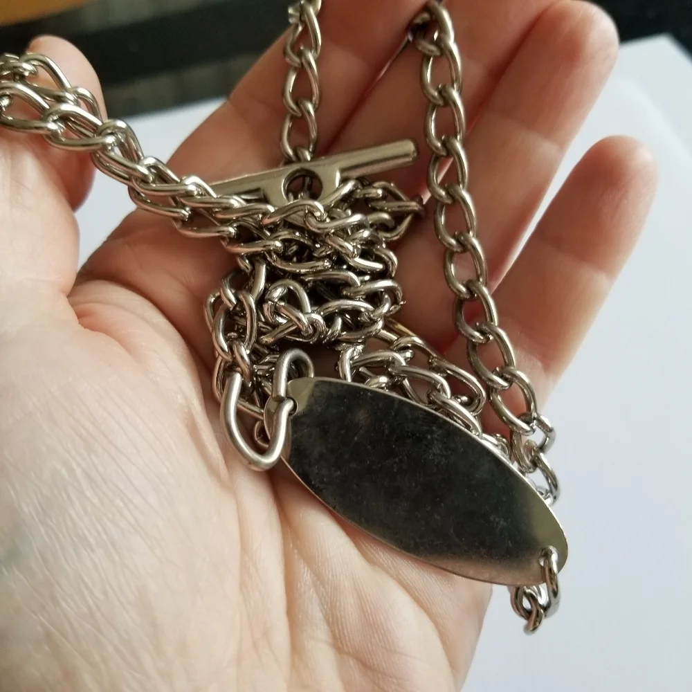 Long silver tone chain - belt or watch chain? Necklace? Engraveable plate